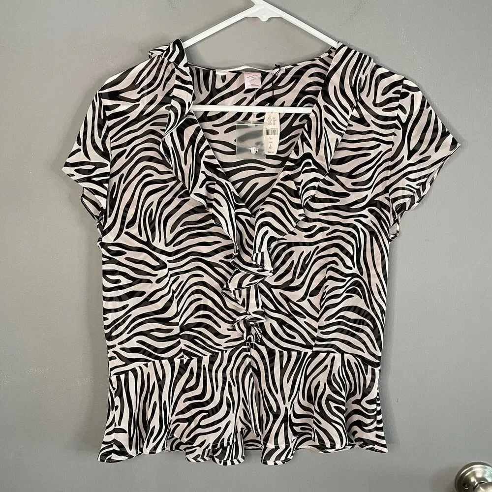 Victoria's Secret Womens L Short Sleeve Ruffled V Neck Sheer Top **READ**